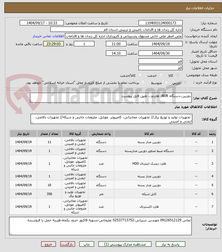 تصویر کوچک آگهی دوربین،دستگاه NVR، هاردو... طبق فایل پیوست