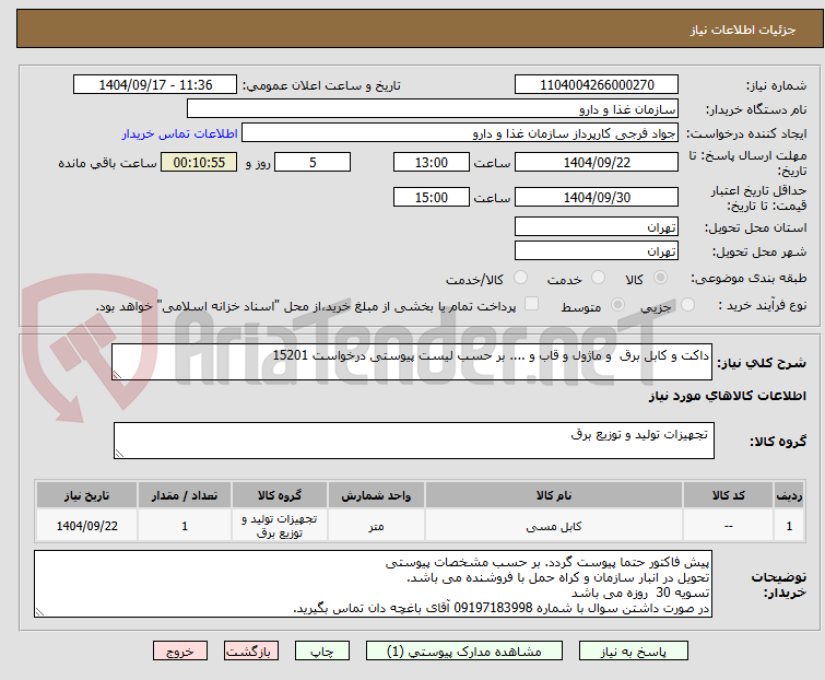 تصویر کوچک آگهی داکت و کابل برق  و ماژول و قاب و .... بر حسب لیست پیوستی درخواست 15201