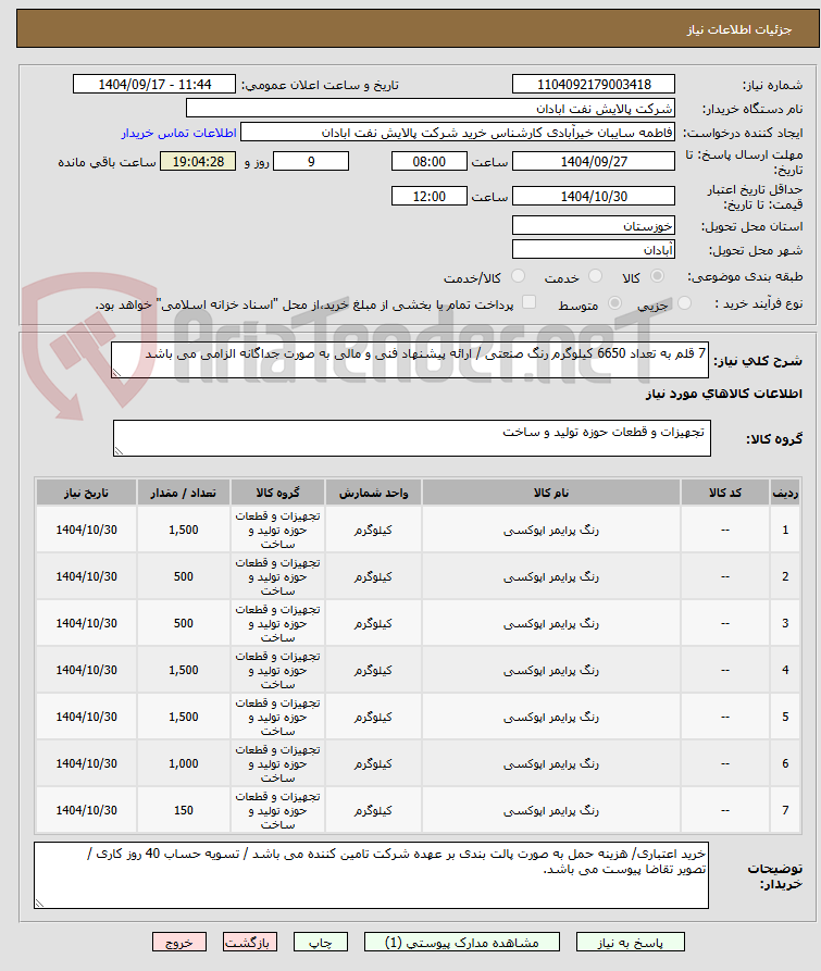 تصویر کوچک آگهی 7 قلم به تعداد 6650 کیلوگرم رنگ صنعتی / ارائه پیشنهاد فنی و مالی به صورت جداگانه الزامی می باشد 