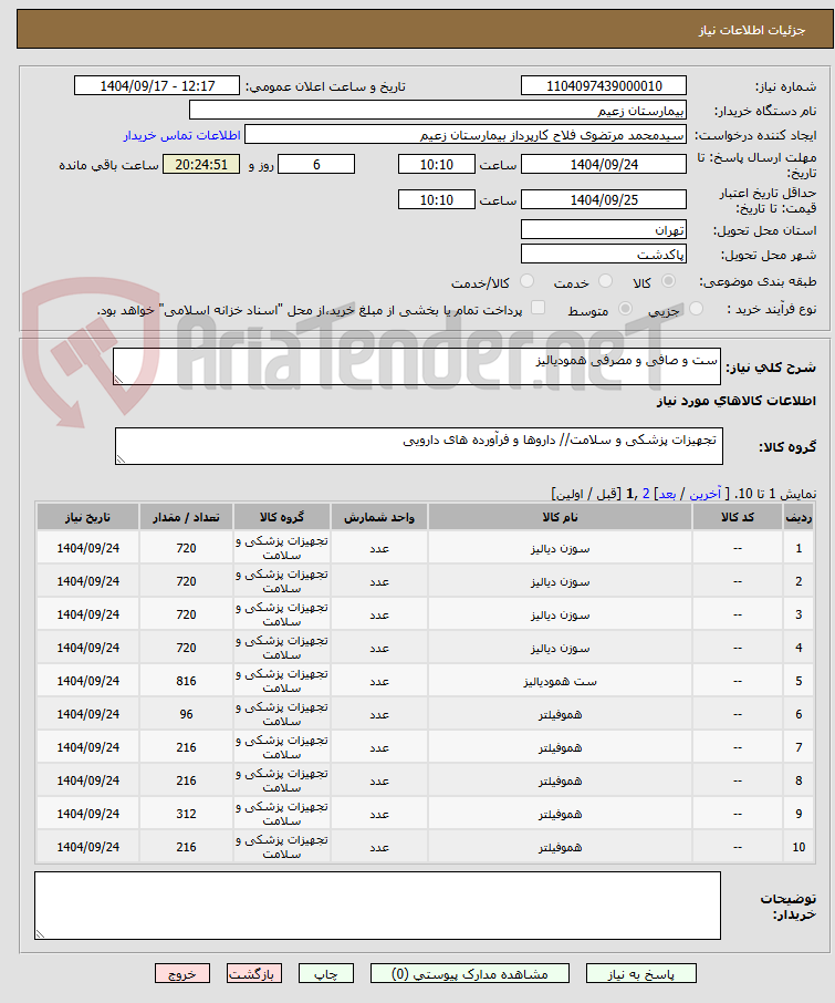 تصویر کوچک آگهی ست و صافی و مصرفی همودیالیز