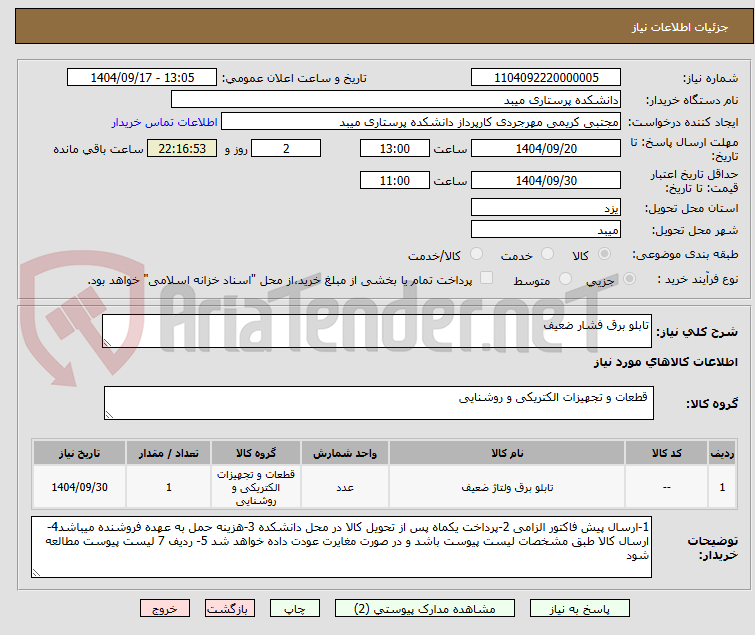 تصویر کوچک آگهی تابلو برق فشار ضعیف