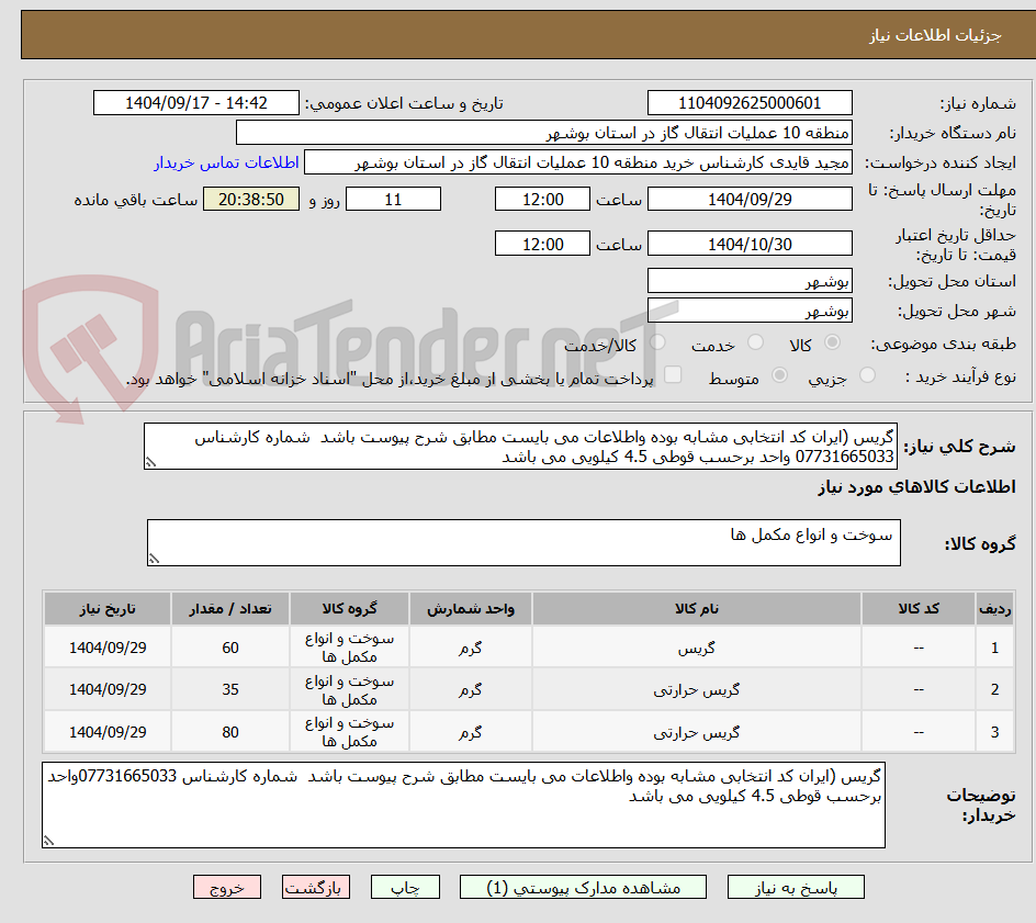 تصویر کوچک آگهی گریس (ایران کد انتخابی مشابه بوده واطلاعات می بایست مطابق شرح پیوست باشد شماره کارشناس 07731665033 واحد برحسب قوطی 4.5 کیلویی می باشد