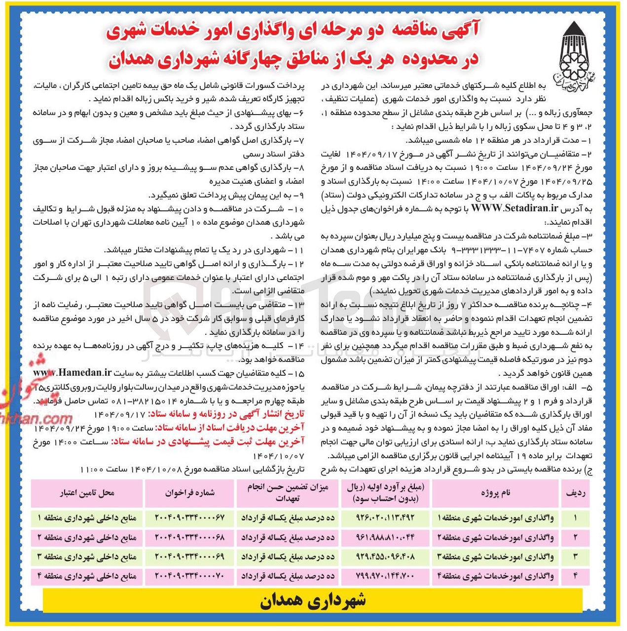تصویر کوچک آگهی واگذاری امور خدمات شهری در محدوده
