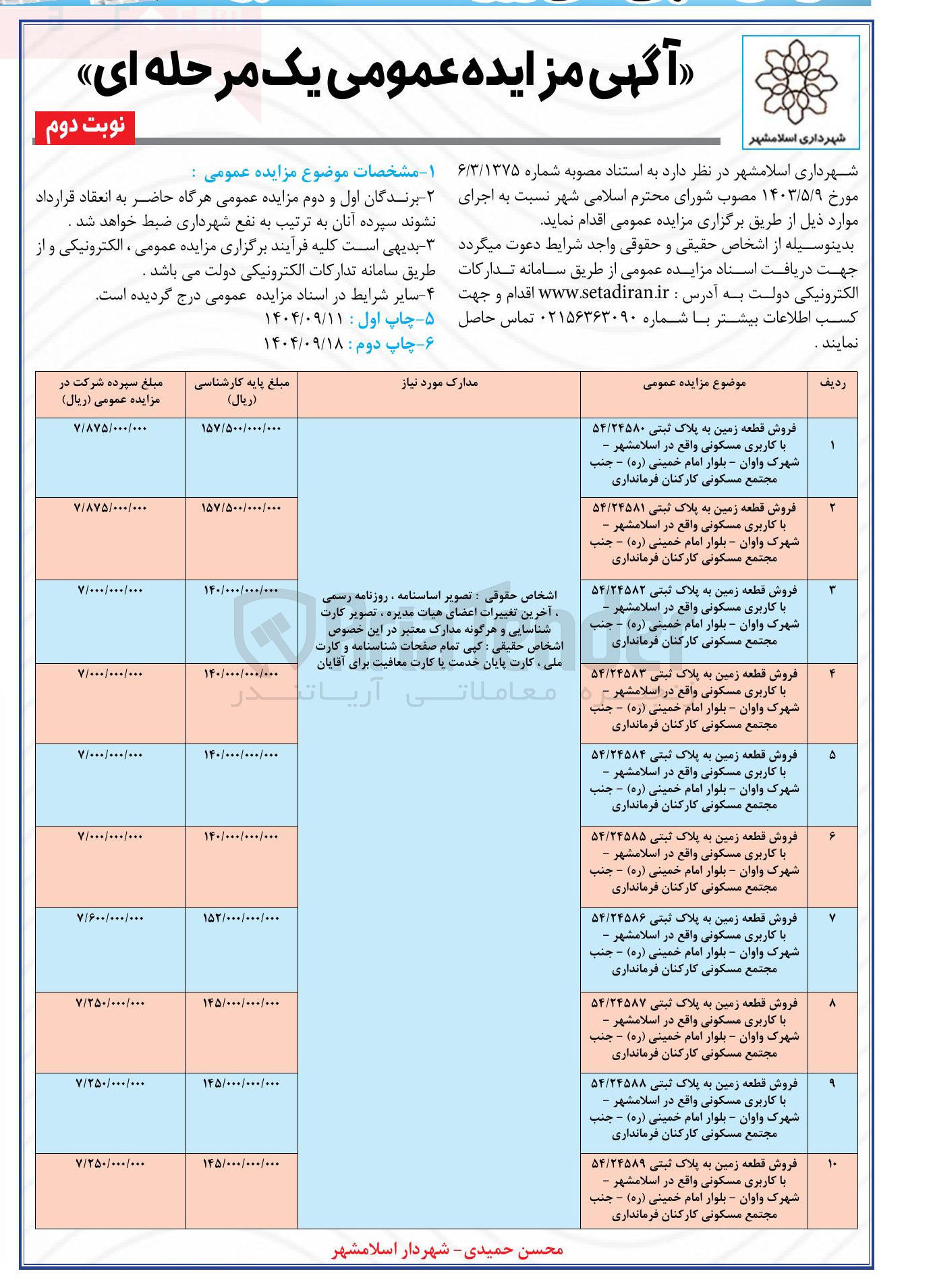 تصویر کوچک آگهی فروش قطعه زمین به پلاک ثبتی ۵۴/۲۴۵۸۵ با کاربری مسکونی