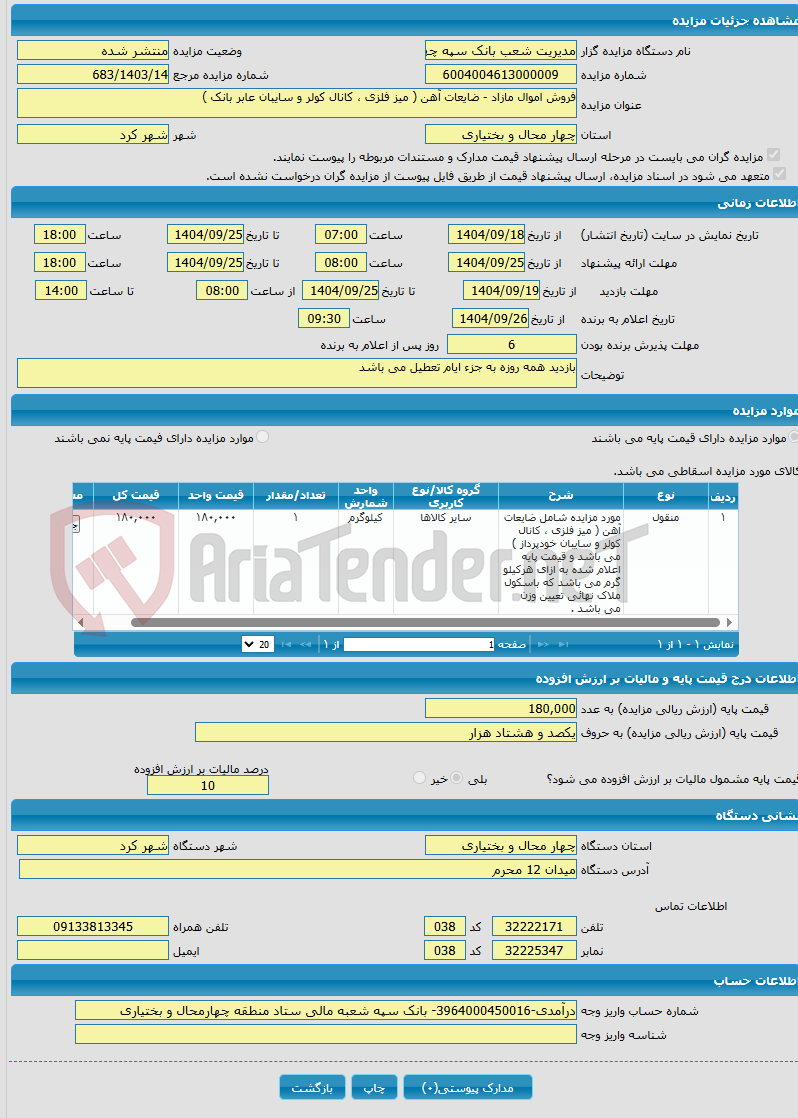 تصویر کوچک آگهی فروش اموال مازاد - ضایعات آهن ( میز فلزی ، کانال کولر و سایبان عابر بانک )