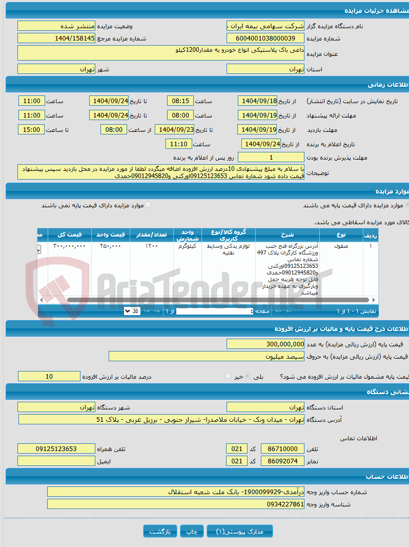 تصویر کوچک آگهی داغی باک پلاستیکی انواع خودرو به مقدار1200کیلو