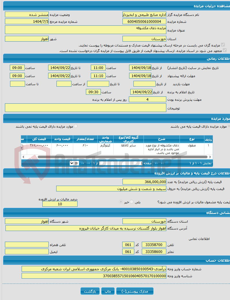 تصویر کوچک آگهی مزایده ذغال مکشوفه