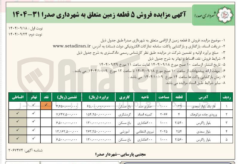 تصویر کوچک آگهی فروش ۵ قطعه زمین