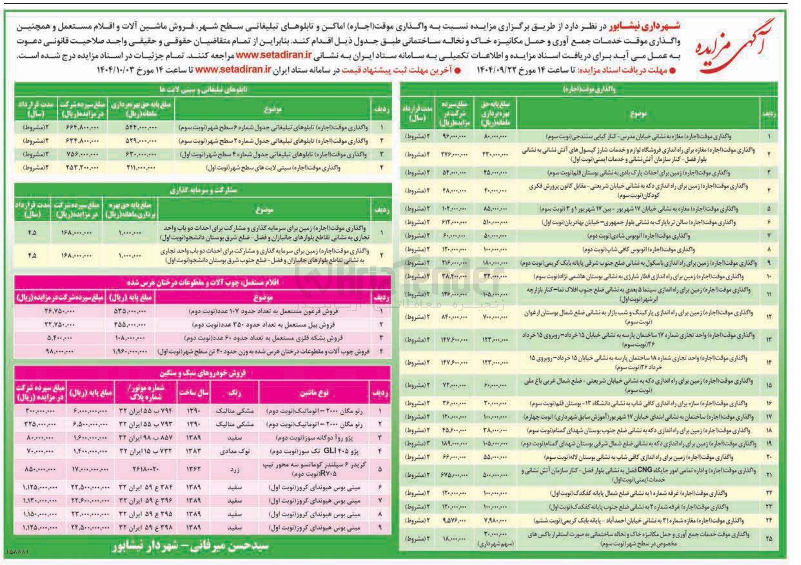 تصویر کوچک آگهی  واگذاری موقت ( اجاره ) اماکن و تابلوهای تبلیغاتی سطح شهر فروش ماشین آلات و اقلام مستعمل و همچنین واگذاری موقت خدمات جمع آوری و حمل مکانیزه خاک و نخاله ساختمانی
