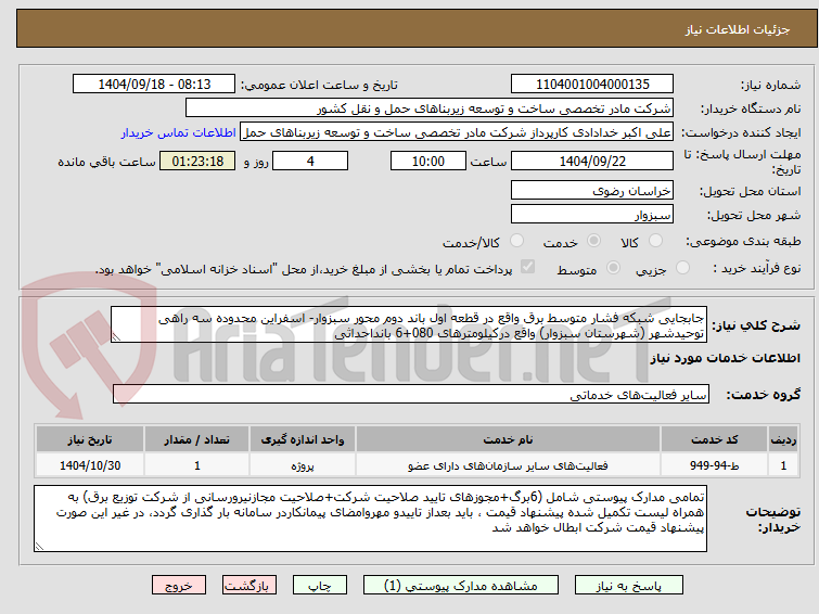 تصویر کوچک آگهی جابجایی شبکه فشار متوسط برق واقع در قطعه اول باند دوم محور سبزوار- اسفراین محدوده سه راهی توحیدشهر (شهرستان سبزوار) واقع درکیلومترهای 080+6 بانداحداثی
