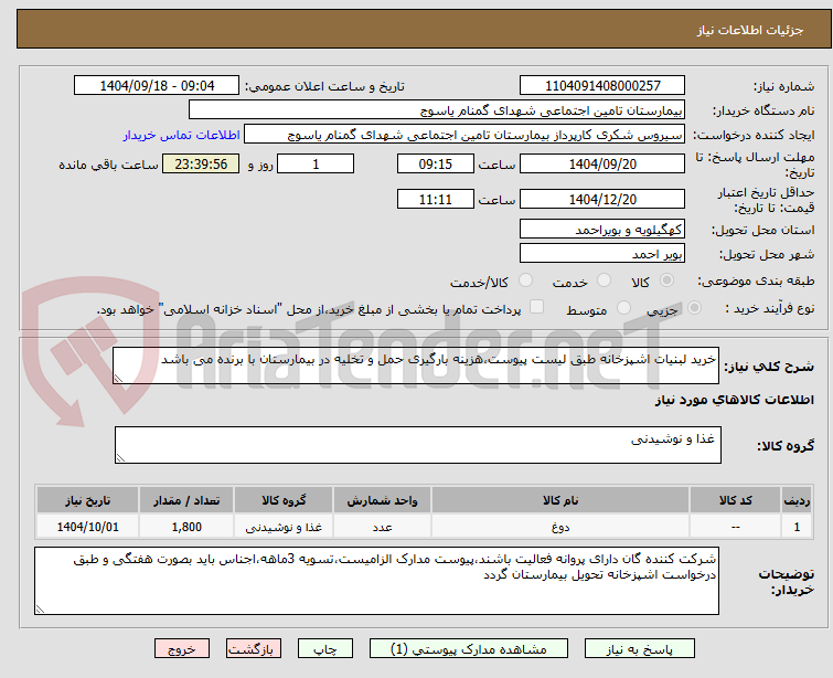 تصویر کوچک آگهی خرید لبنیات اشپزخانه طبق لیست پیوست،هزینه بارگیری حمل و تخلیه در بیمارستان با برنده می باشد