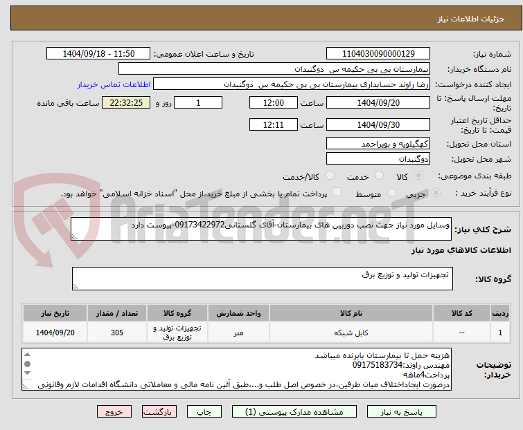 تصویر کوچک آگهی وسایل مورد نیاز جهت نصب دوربین های بیمارستان-آقای گلستانی09173422972-پیوست دارد