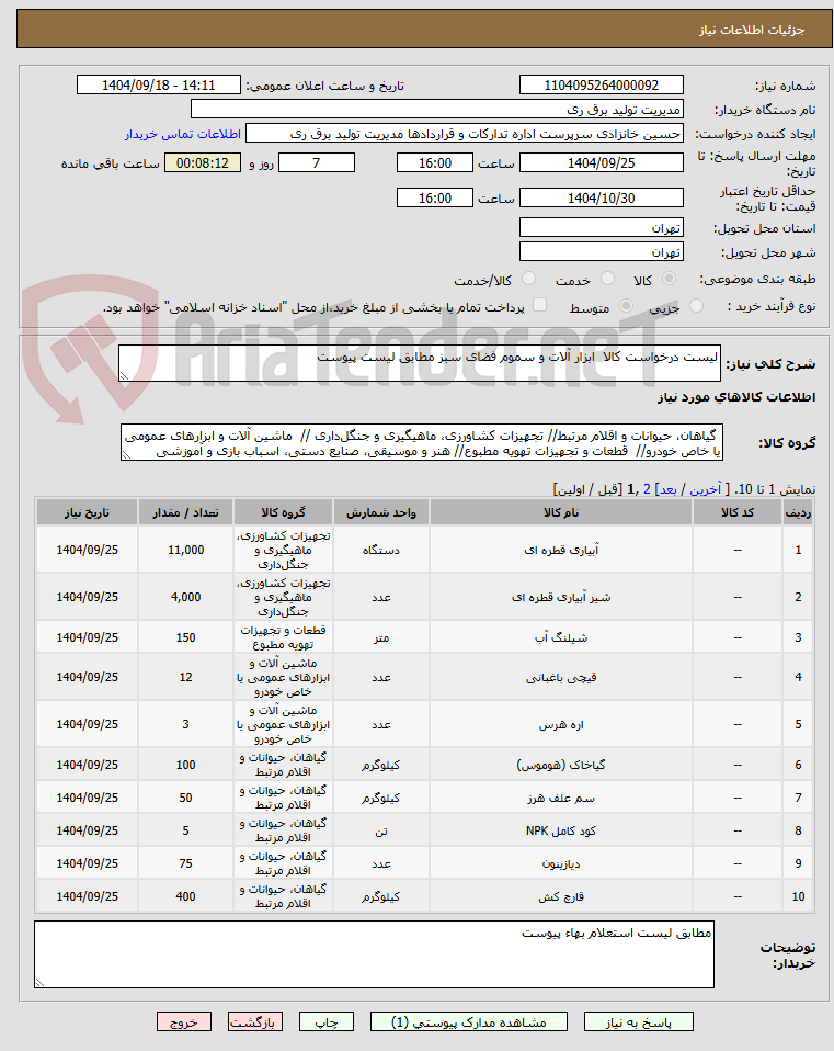 تصویر کوچک آگهی لیست درخواست کالا  ابزار آلات و سموم فضای سبز مطابق لیست پیوست