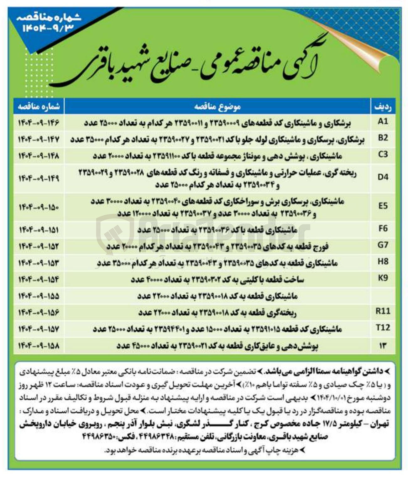 تصویر کوچک آگهی ماشینکاری پرسکاری برش و سوراخکاری کد قطعه های ۲۳۵۹۰۰۴۰ به تعداد ۳۰۰۰۰ عدد و ۲۳۵۹۰۰۳۶ به تعداد ۳۰۰۰۰ عدد و ۲۳۵۹۰۰۳۷ به تعداد ۱۲۰۰۰۰ عدد