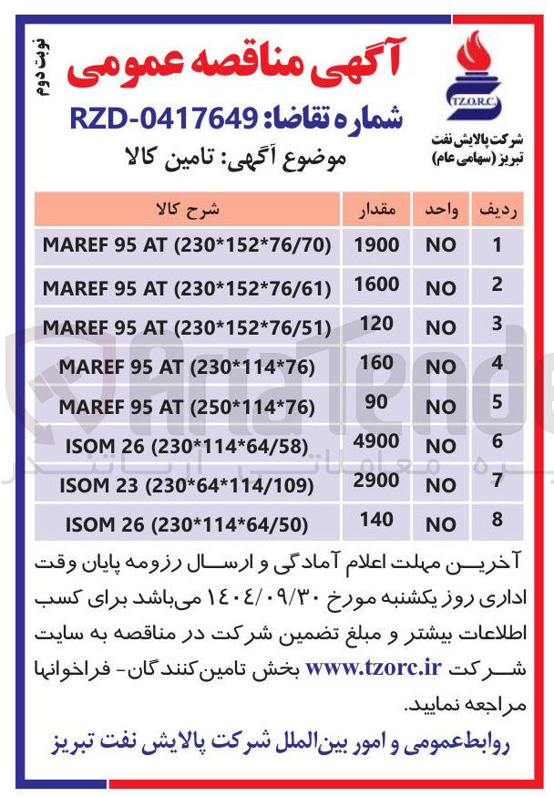 تصویر کوچک آگهی تامین ) 250*114*76 ( AT 95 MAREF 