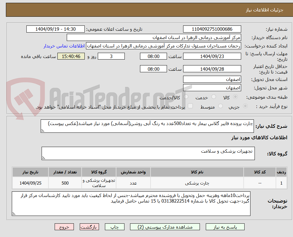 تصویر کوچک آگهی چارت پرونده فایبر گلاس بیمار به تعداد500عدد به رنگ آبی روشن(آسمانی) مورد نیاز میباشد(عکس پیوست) 