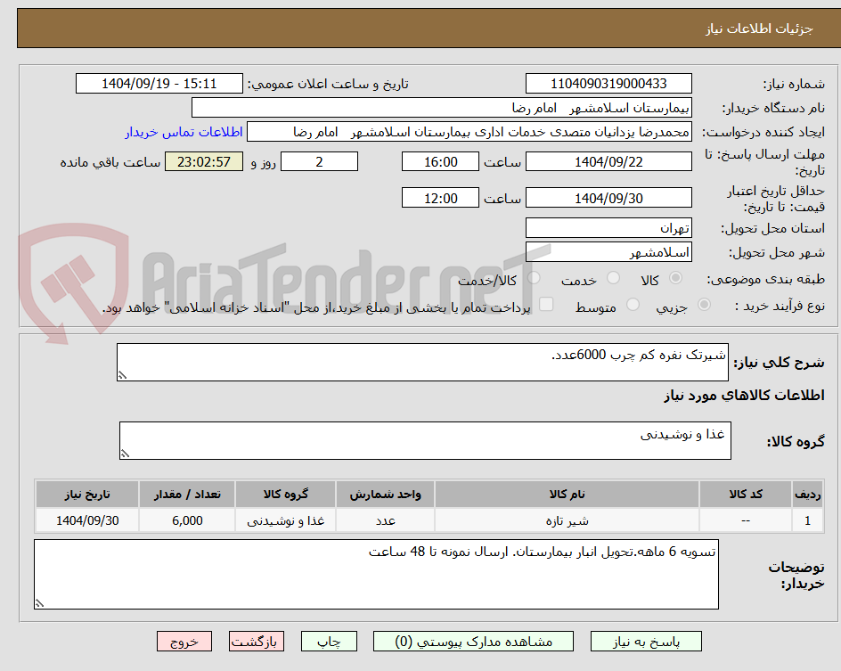 تصویر کوچک آگهی شیرتک نفره کم چرب 6000عدد.
