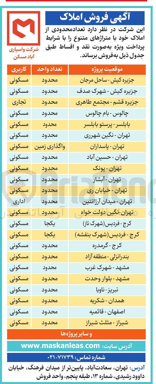 تصویر کوچک آگهی فروش تعداد محدودی از املاک