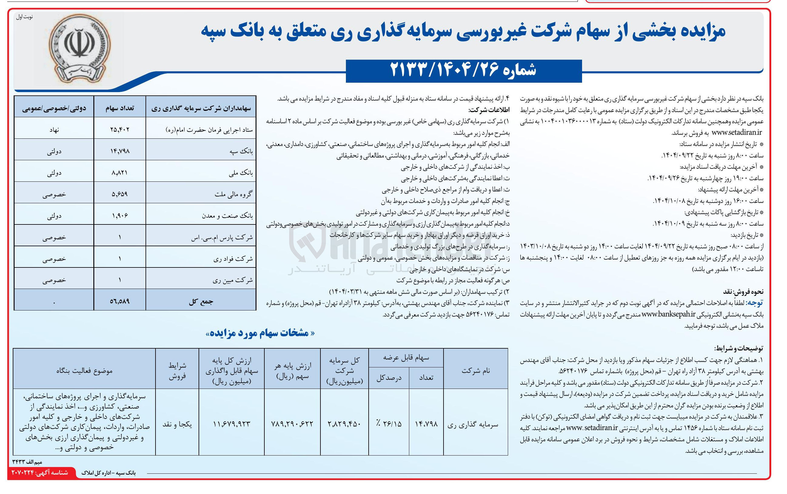 تصویر کوچک آگهی مزایده بخشی از سهام شرکت