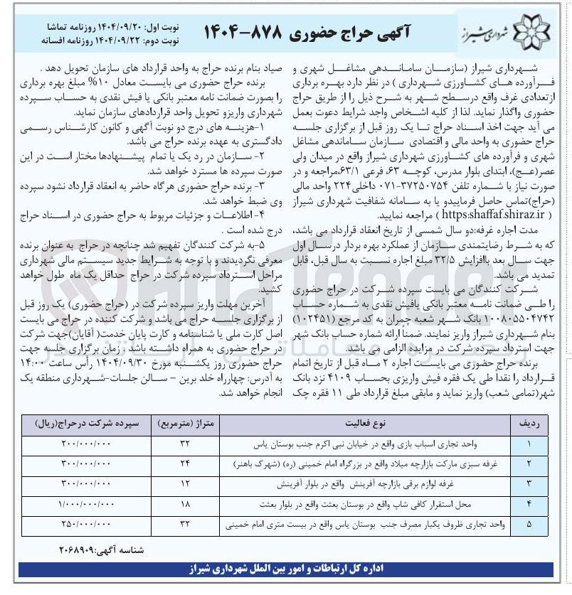 تصویر کوچک آگهی بهره برداری از تعدادی غرف