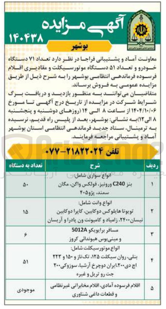 تصویر کوچک آگهی فروش تعداد ۷۱ دستگاه خودرو و تعداد ۵۱ دستگاه موتورسیکلت و مقادیری اقلام فرسوده