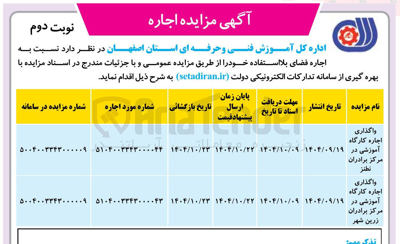 تصویر کوچک آگهی واگذاری اجاره کارگاه آموزشی
