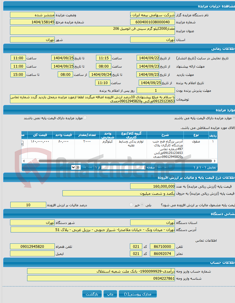تصویر کوچک آگهی مقدار2000کیلو گرم سینی فن اتومبیل 206