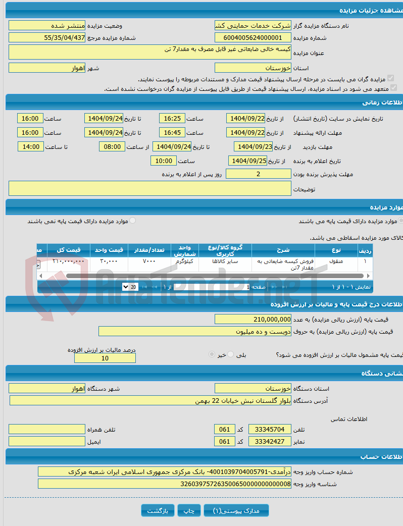 تصویر کوچک آگهی کیسه خالی ضایعاتی غیر قابل مصرف به مقدار7 تن