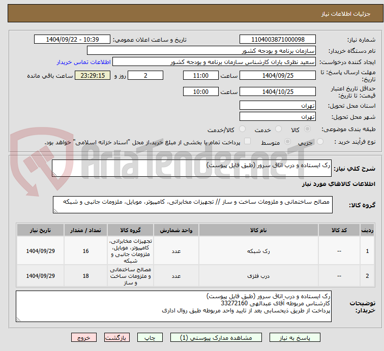 تصویر کوچک آگهی رک ایستاده و درب اتاق سرور (طبق فایل پیوست)