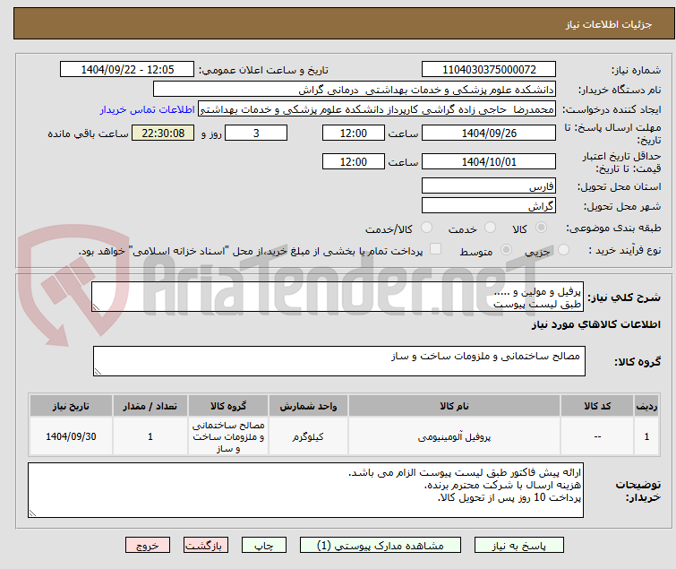 تصویر کوچک آگهی پرفیل و مولین و .....
طبق لیست پیوست