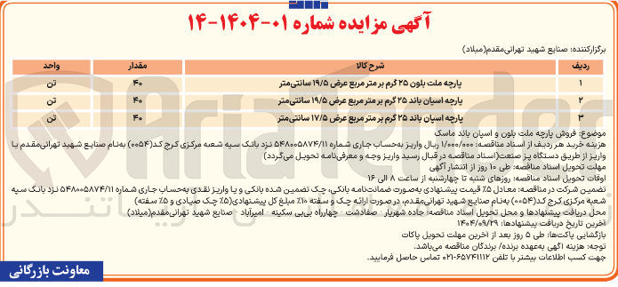 تصویر کوچک آگهی پارچه ملت بلون ۲۵ گرم بر متر مربع عرض ۱۹/۵ سانتی متر 
