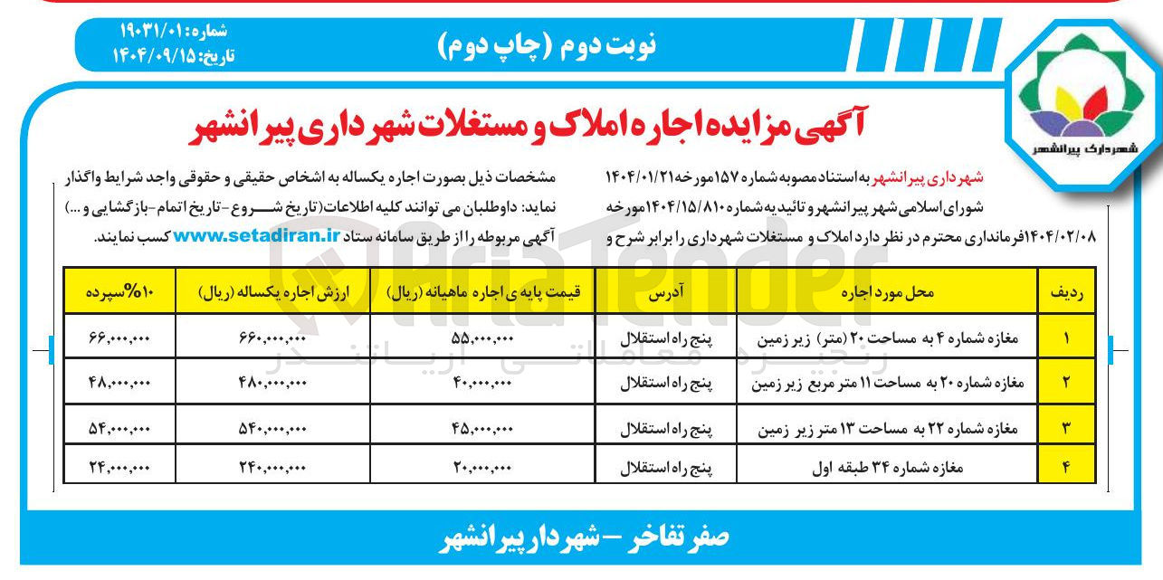 تصویر کوچک آگهی مزایده اجاره املاک و مستغلات