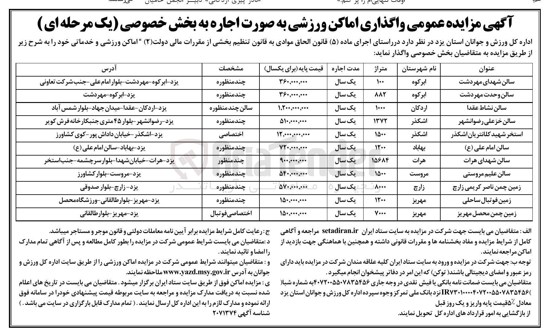 تصویر کوچک آگهی واگذاری اماکن ورزشی به صورت اجاره 