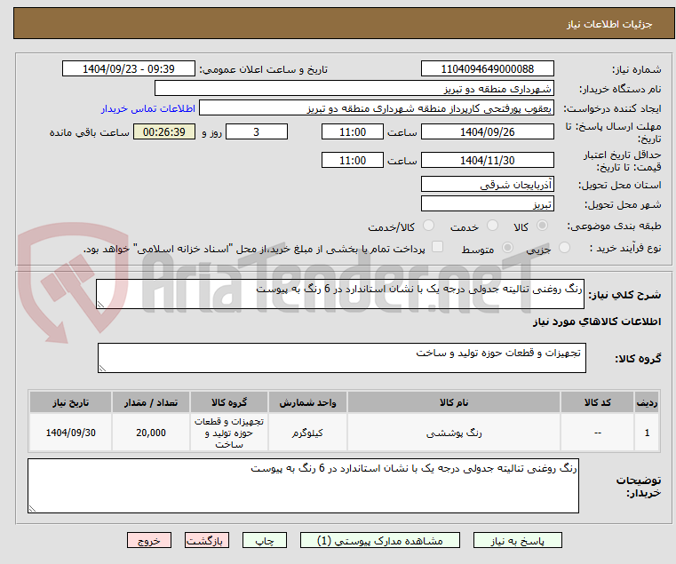 تصویر کوچک آگهی رنگ روغنی تنالیته جدولی درجه یک با نشان استاندارد در 6 رنگ به پیوست