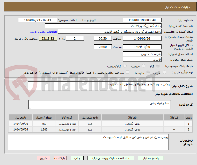 تصویر کوچک آگهی روغن سرخ کردنی و خوراکی مطابق لیست پیوست