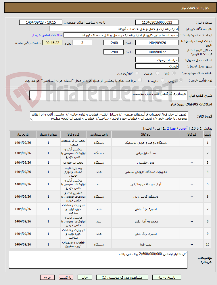 تصویر کوچک آگهی خریدلوازم کارگاهی طبق فایل پیوست.