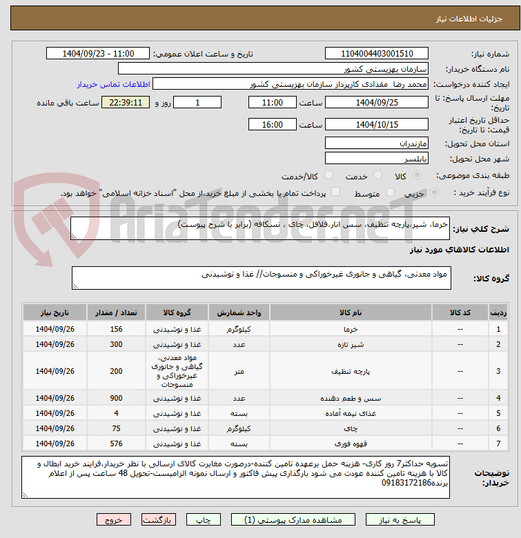 تصویر کوچک آگهی خرما، شیر،پارچه تنظیف، سس انار،فلافل، چای ، نسکافه (برابر با شرح پیوست)