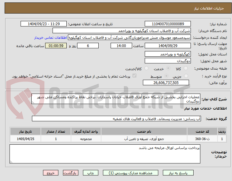تصویر کوچک آگهی عملیات اجرایی بخشی از شبکه جمع آوری فاضلاب خیابان پاسداران ،برخی نقاط پراکنده ومساکن ملی شهر دوگنبدان
