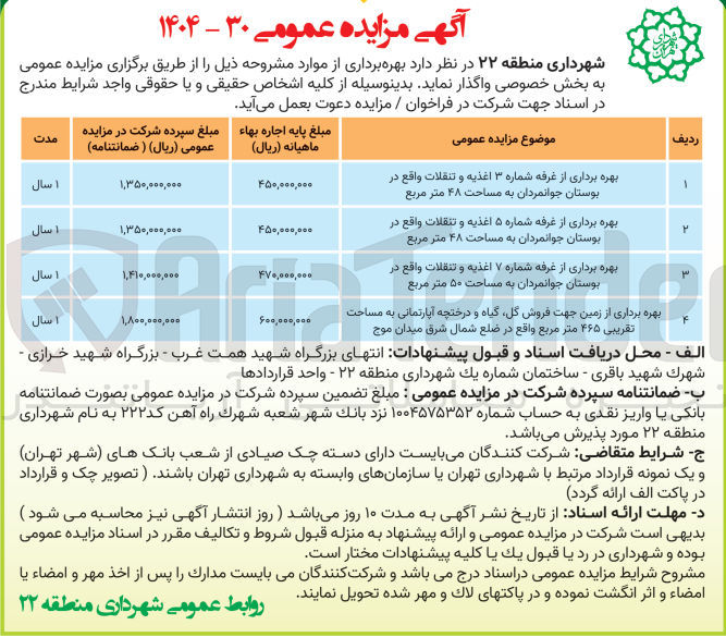 تصویر کوچک آگهی بهره برداری از غرفه ها و زمین