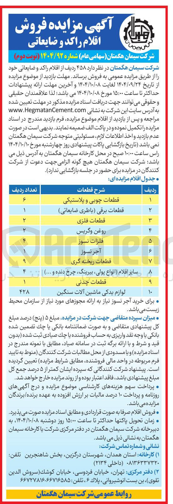 تصویر کوچک آگهی فروش ۴۵۸ ردیف از اقلام راکد و ضایعاتی