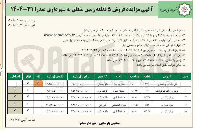 تصویر کوچک آگهی فروش ۵ قطعه زمین