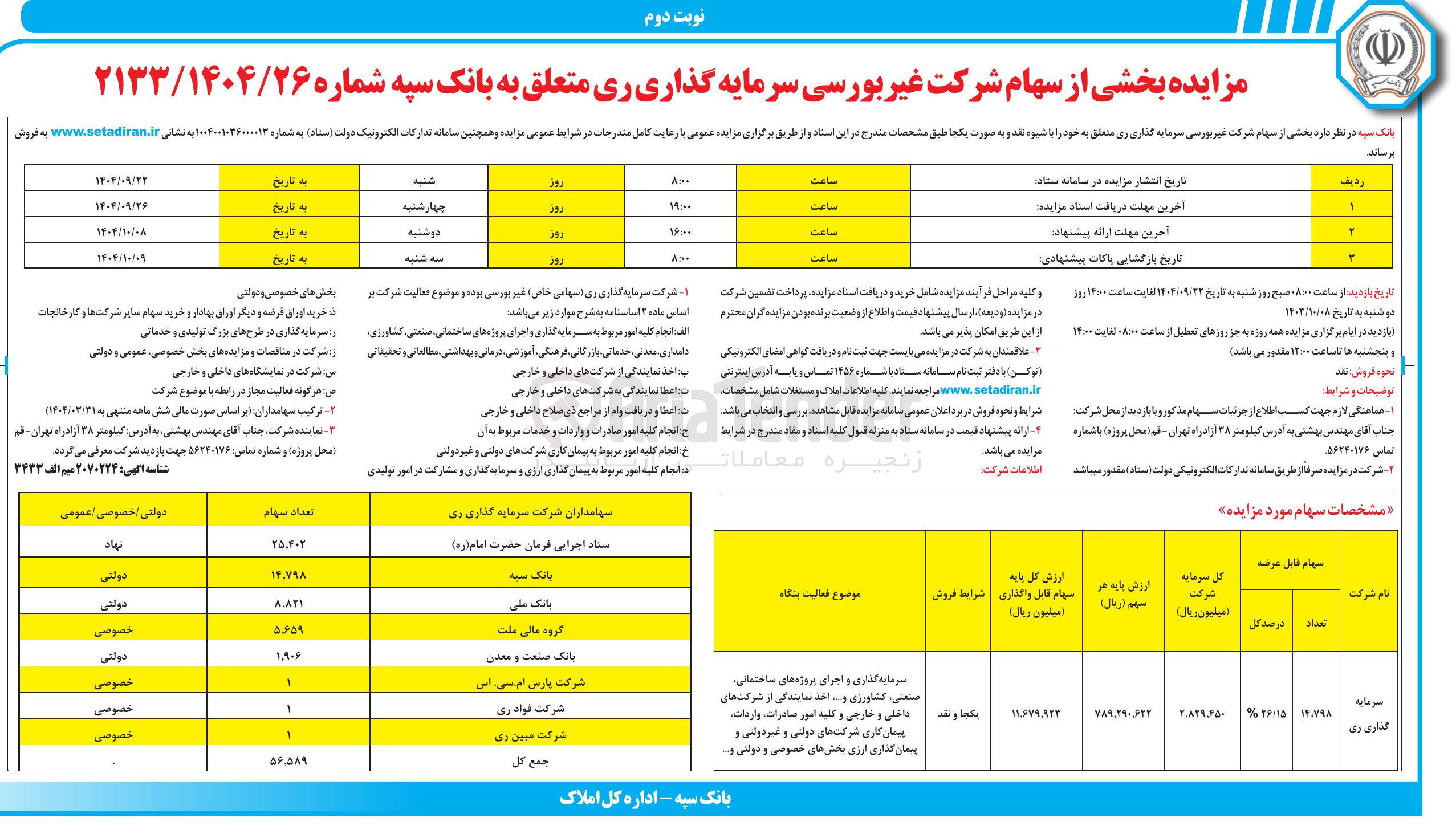 تصویر کوچک آگهی فروش بخشی از سهام 