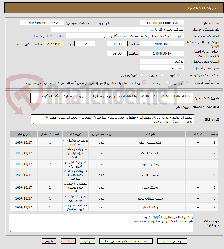 تصویر کوچک آگهی P/F WEIR  BALL VALVE  FLANGED RF / قطعات شیر توپی / طبق لیست پیوست مدارک بارگذاری گردد