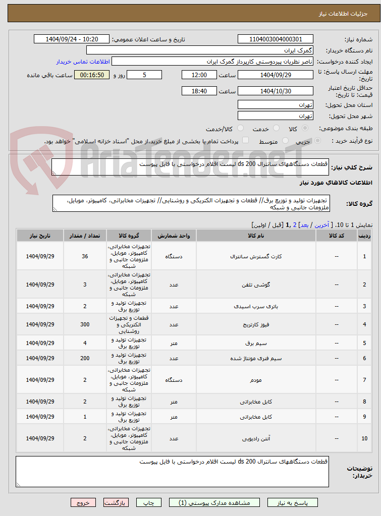 تصویر کوچک آگهی قطعات دستگاههای سانترال ds 200 لیست اقلام درخواستی با فایل پیوست