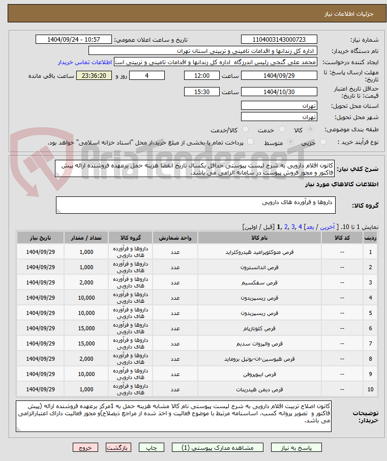 تصویر کوچک آگهی کانون اقلام دارویی به شرح لیست پیوستی حداقل یکسال تاریخ انقضا هزینه حمل برعهده فروشنده ارائه پیش فاکتور و مجوز فروش پیوست در سامانه الزامی می باشد. 