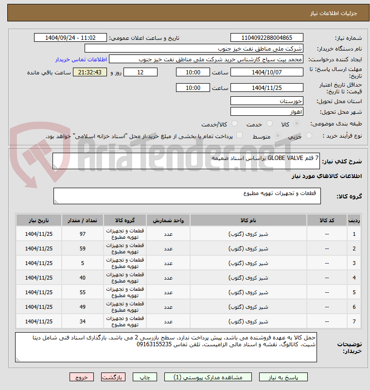 تصویر کوچک آگهی 7 قلم GLOBE VALVE براساس اسناد ضمیمه