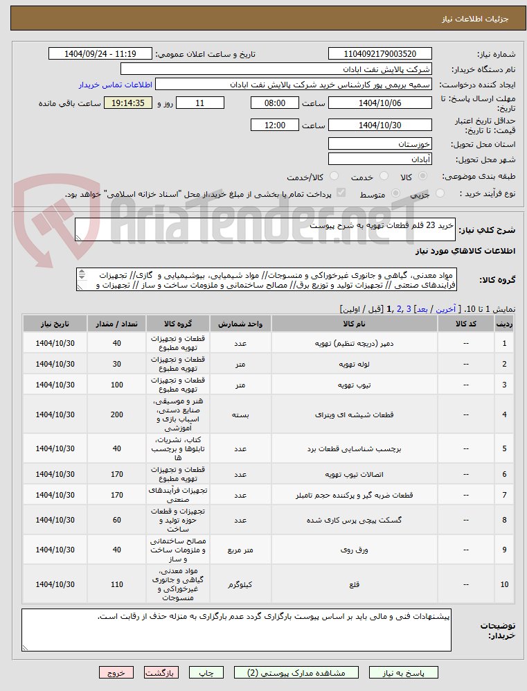 تصویر کوچک آگهی خرید 23 قلم قطعات تهویه به شرح پیوست