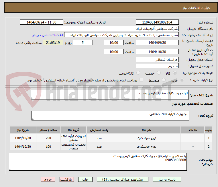تصویر کوچک آگهی نازل جوشکاری مطابق فرم پیوست 