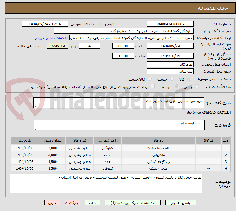 تصویر کوچک آگهی خرید مواد غذایی طبق لیست پیوست
