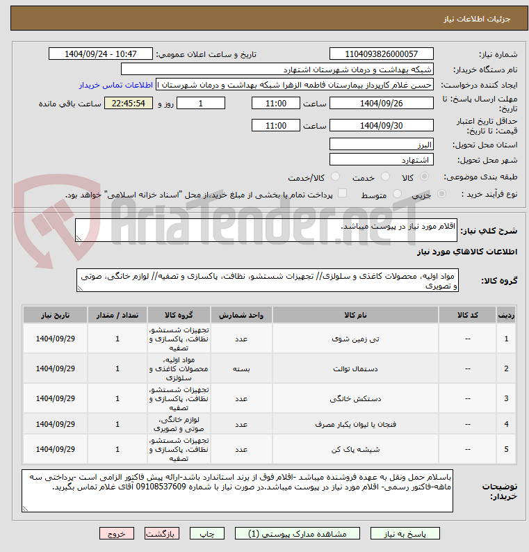 تصویر کوچک آگهی اقلام مورد نیاز در پیوست میباشد.